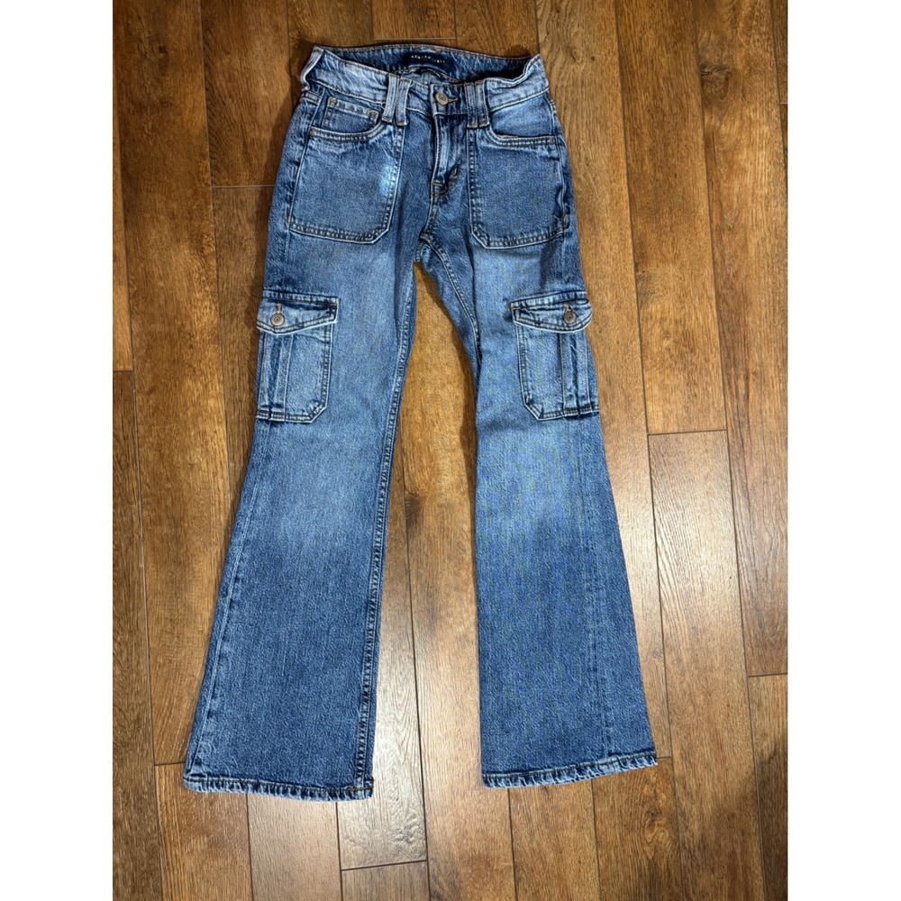 Aeropostale Mid Rise Flare Jeans Girls Denim Cargo Pockets Blue Y2K‎ Style